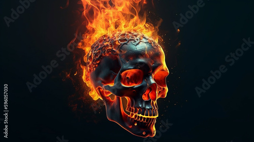 Human skull burning in fire, halloween concept.generative ai