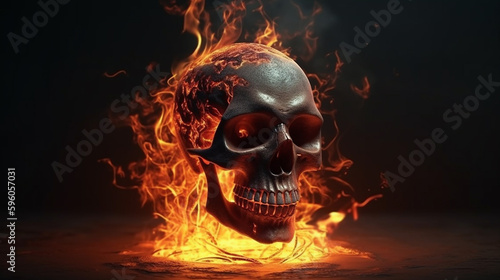 Human skull burning in fire, halloween concept.generative ai