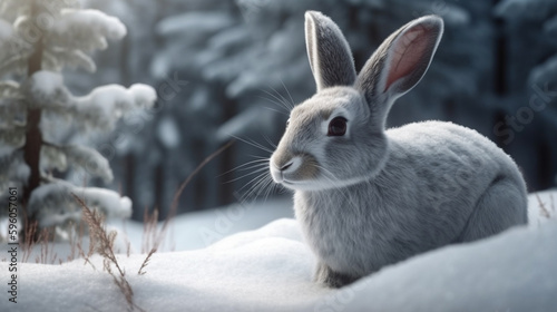 Cute gray rabbit in the snowy forest. Easter holiday concept.generative ai