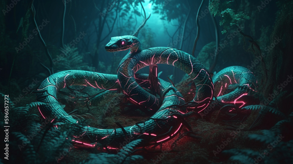 cobra in the dark forest with neon lights.generative ai