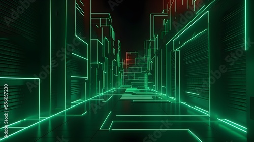 Abstract neon line street background, Futuristic cityscape in virtual reality concept in green theme, Abstract Cyber Road Neon Background made with green neon lines, 3d render abstract background 