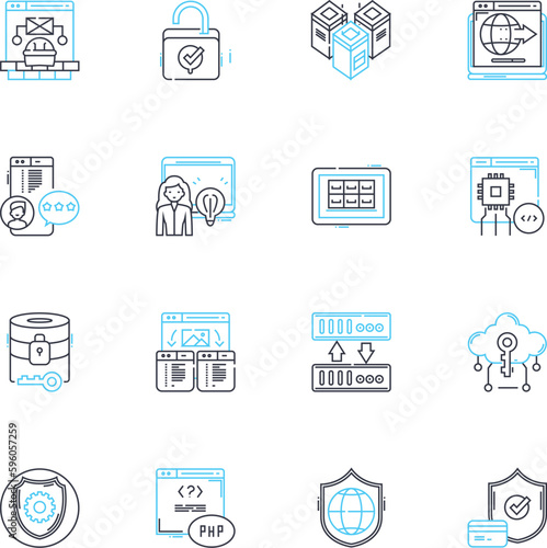 Web data linear icons set. Scraping, Extraction, Parsing, Analytics, Crawling, Harvesting, Aggregation line vector and concept signs. Collection,Integration,Cleansing outline illustrations