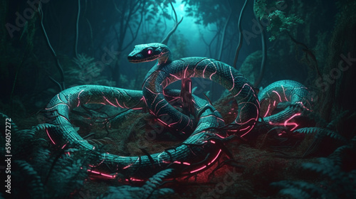 cobra in the dark forest with neon lights.generative ai