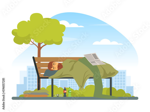 Homeless Man in Rags Sleeping on the Bench in the Street Vector Illustration