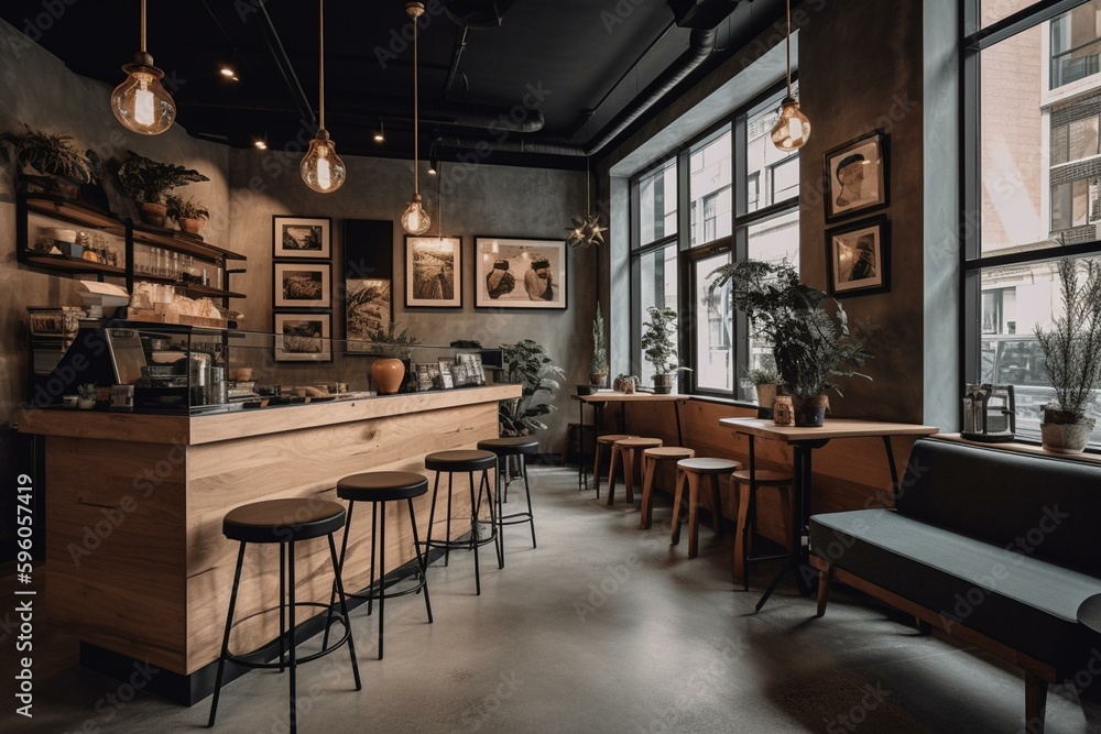 Modern and inviting coffee shop with New York loft-style design. Generative AI