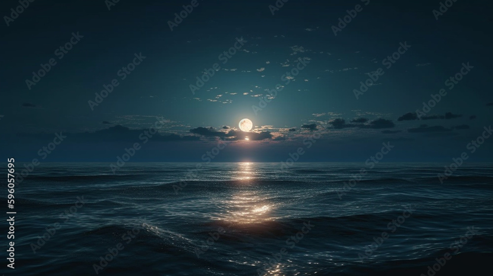 Night sea landscape with full moon and stars.generative ai