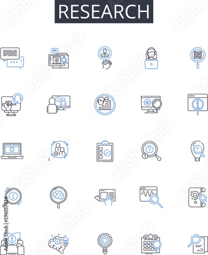 Research line icons collection. Analysis, Study, Inquiry, Investigation, Evaluation, Examination, Exploration vector and linear illustration. Scrutiny,Probe,Survey outline signs set
