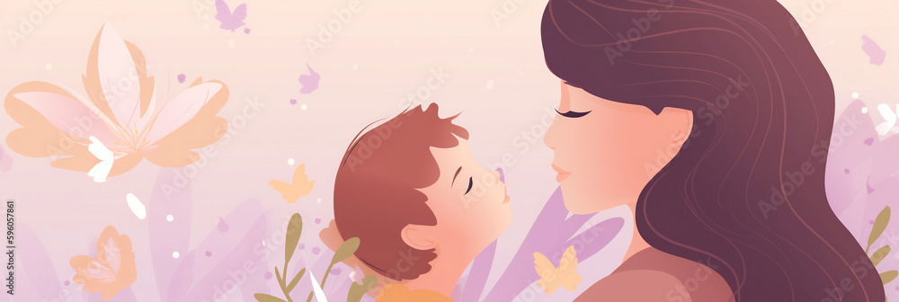 Illustration of mother with her little child, flower in the background, Concept of mothers day, mothers love, relationships between mother and child, Banner template, generative AI Illustration of mother with her little child, flower in the background, Concept of mothers day, mothers love, relationships between mother and child, Banner template, generative AI