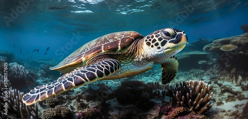 A breathtaking photograph of a sea turtle gracefully swimming underwater in the Great Barrier Reef, generative Ai