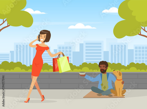 Homeless Man in Rags Sitting in the Street with Dog Begging Money from Bypasser Vector Illustration