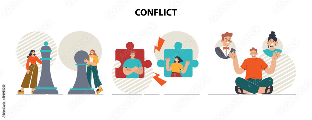 Conflict concept set. Controversy or disagreement between people Conflict concept set. Controversy or disagreement between people
