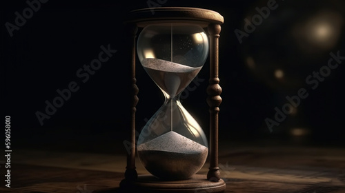 Hourglass on sand background. Sand running through the center of the clock.generative ai