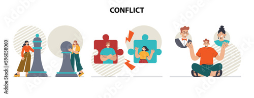 Conflict concept set. Controversy or disagreement between people