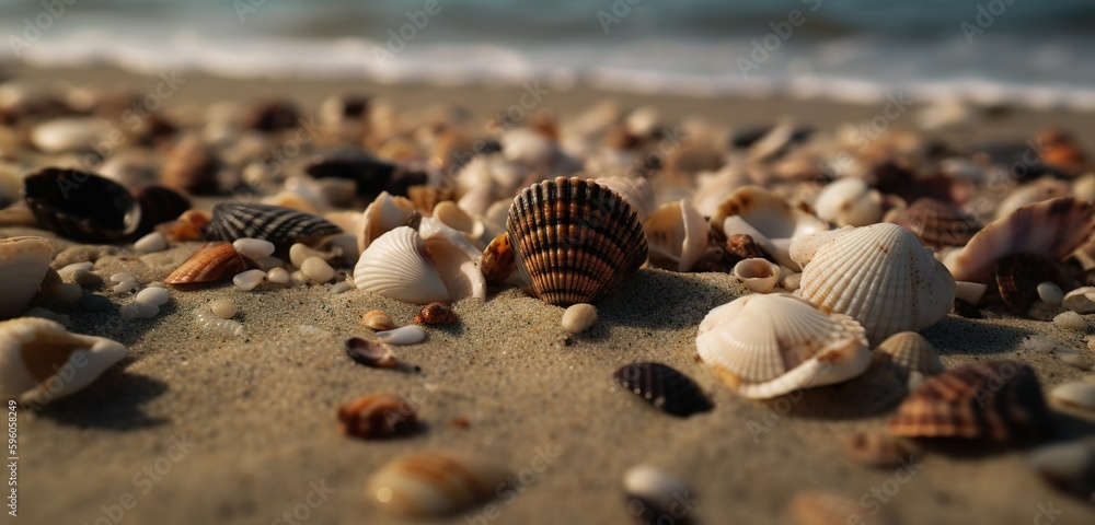 A close-up photograph of several seashells scattered on the wet sand of a beach, generative Ai A close-up photograph of several seashells scattered on the wet sand of a beach, generative Ai