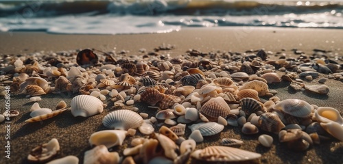 A close-up photograph of several seashells scattered on the wet sand of a beach, generative Ai