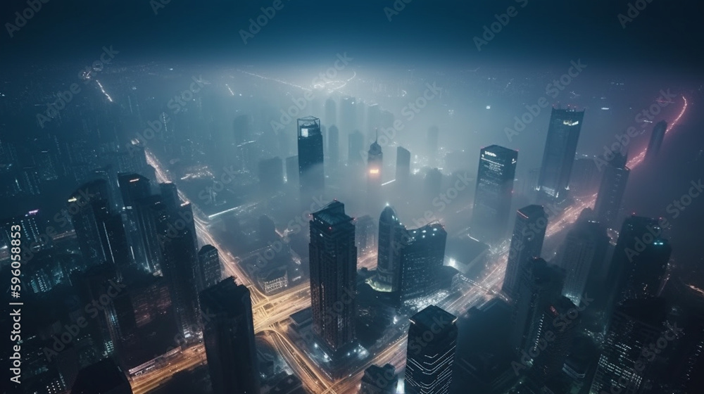 Aerial view of skyscrapers at night .generative ai Aerial view of skyscrapers at night .generative ai