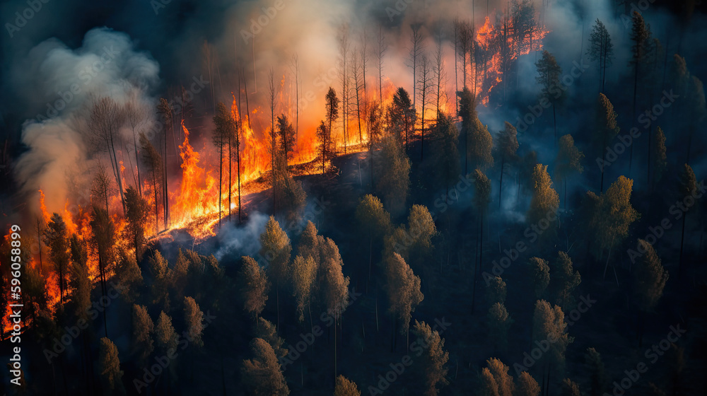 fire in the mountain forest, Aerial View of Forest Fire: A Wake-up Call for Climate Change and Fire Prevention, AI