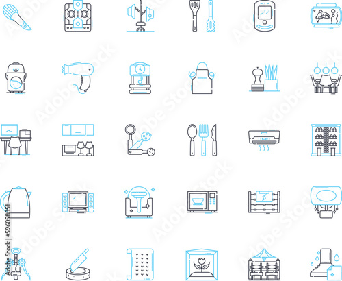 Home beautification linear icons set. Decor, Style, Comfort, Elegance, Chic, Sophisticated, Warmth line vector and concept signs. Serenity,Zen,Whimsy outline illustrations