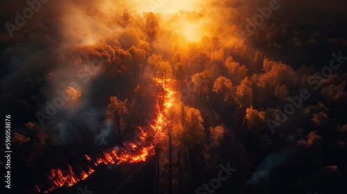 Preventing wildfires  captivating aerial view of a forest fire and its dangers  lens flare cinematic sunset  path of fire  AI