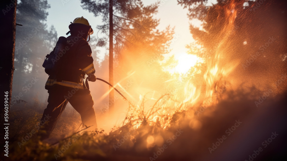 Heroic man Firefighter Fighting the Flames of a Forest Fire, close up, tight shooting, motion blur action camera, AI