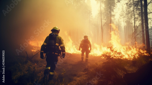 Firefighter Heroes, walk in woods, blur, sunset light, AI