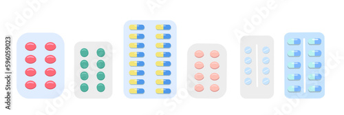 Set of vector pills and capsules. Icons medicament. Tablets in blisters: painkillers, antibiotics, vitamins. Pharmacy and drug symbols. Vector illustration isolated on white background.