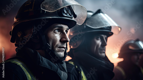 Firefighter Heroes, portrait of two fireman, soldiers with helmet, smoke grey background, AI