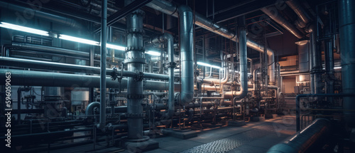 Complex network of pipes inside an industrial facility for gas, oil, or hydrogen energy transport, generative ai