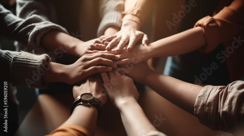 Panoramic Teamwork, partnership and Social connection in business join hand together concept. Hand of diverse people connecting. Power of volunteer charity work, Stack of people hand. Generative ai.