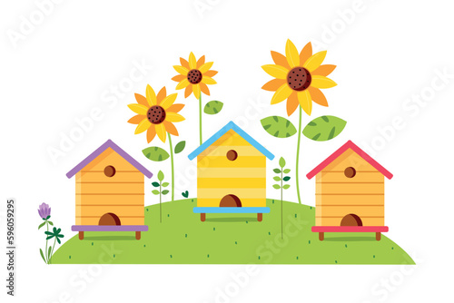 Wooden beehives on beautiful summer landscape with green meadow and sunflowers cartoon vector illustration