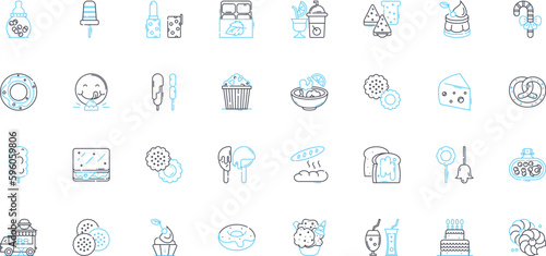 Desserts linear icons set. Cake, Brownies, Cookies, Ice cream, Pudding, Pie, Cheesecake line vector and concept signs. Mousse,Sorbet,Gelato outline illustrations
