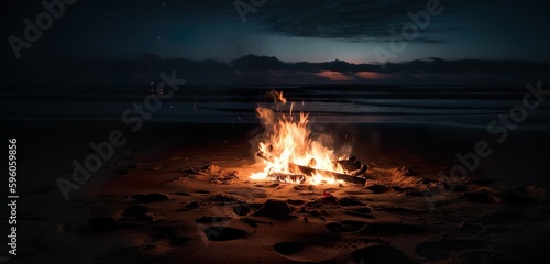 A stunning photo of a beach bonfire at night with the flames, generative Ai