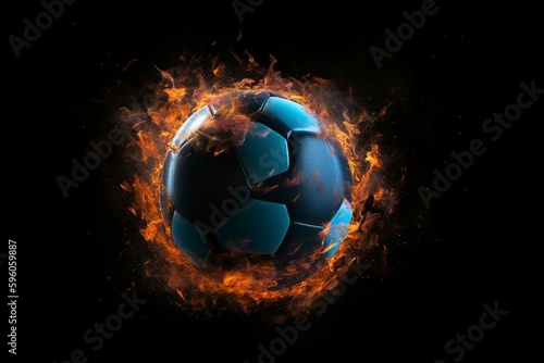 3D soccer ball in blue and orange  surrounded by rotating particles on black background. Generative AI