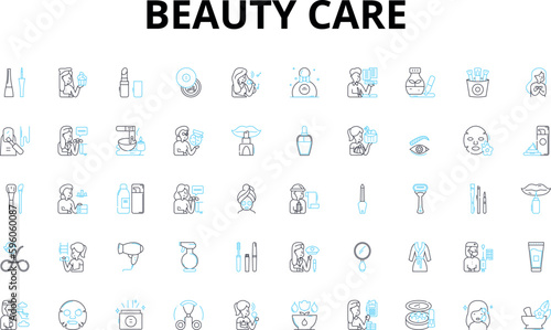 Beauty care linear icons set. Skincare, Cosmetics, Makeup, Haircare, Fragrance, Wellness, Hygiene vector symbols and line concept signs. Radiance,Rejuvenation,Anti-aging illustration