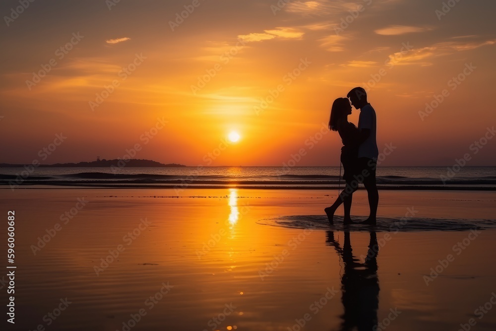 couple kiss and hug at the shore at sunset Generative AI