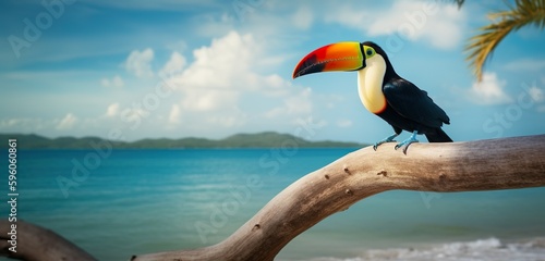 An incredible photograph of a toucan bird perched on a branch with a beautiful beach in the background, generative Ai