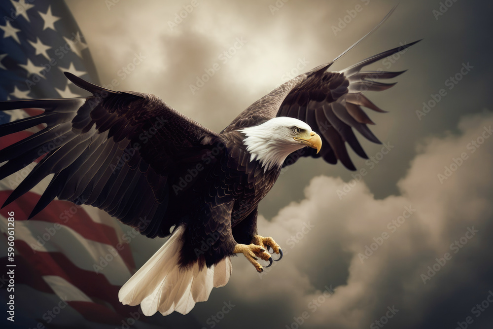 Obraz premium Eagle with the flag of the united states of america, generative ai 