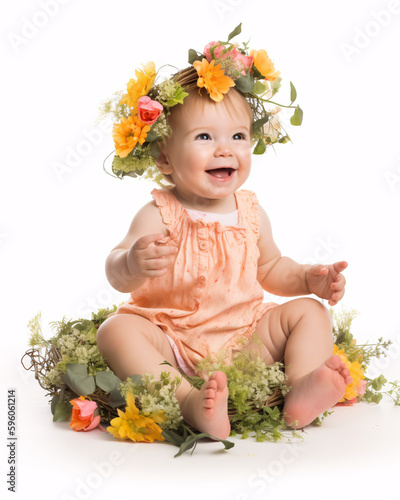 The Beauty of Simplicity: Toddler Adorned with a Sweet Flower Crown. Isolated on White Background.