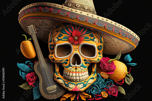 Cinco de Mayo / Day of the Dead Mexican Skull Logo Mascot with Sombrero and Guitar - Ai Generative