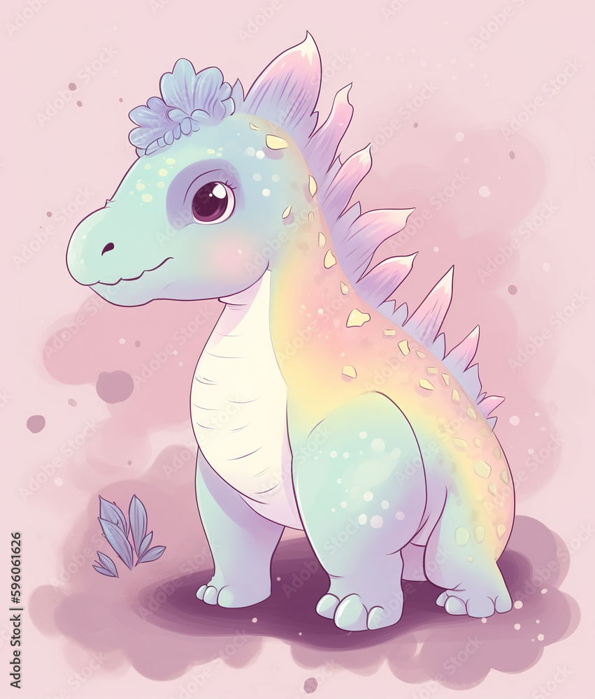 Cute dinosaur on floral pastel background. AI generated image.