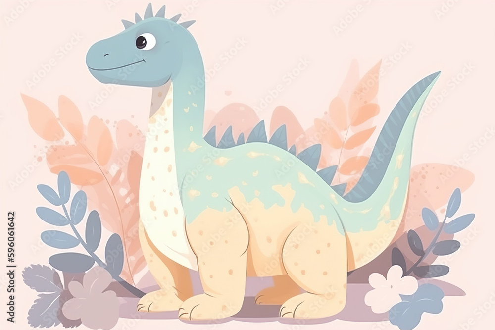 Cute dinosaur on floral pastel background. AI generated image. Cute dinosaur on floral pastel background. AI generated image.