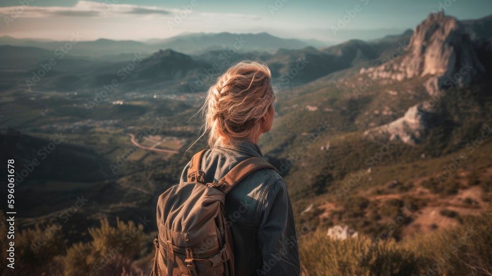 young woman with backpack relaxed on the top of the mountain looking at the landscape, generative ai