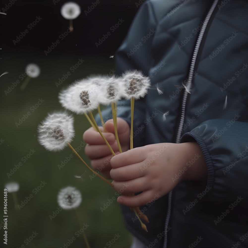 Fototapeta premium Small bouquet of dandelion in hands, macro, generative AI.