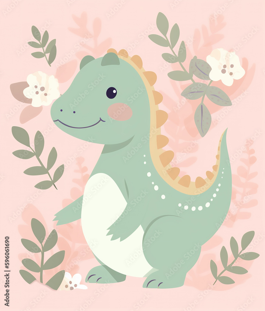 Naklejka premium Cute dinosaur on floral pastel background. AI generated image.