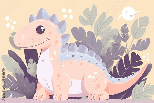 Cute dinosaur on floral pastel background. AI generated image.