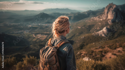 young woman with backpack relaxed on the top of the mountain looking at the landscape, generative ai