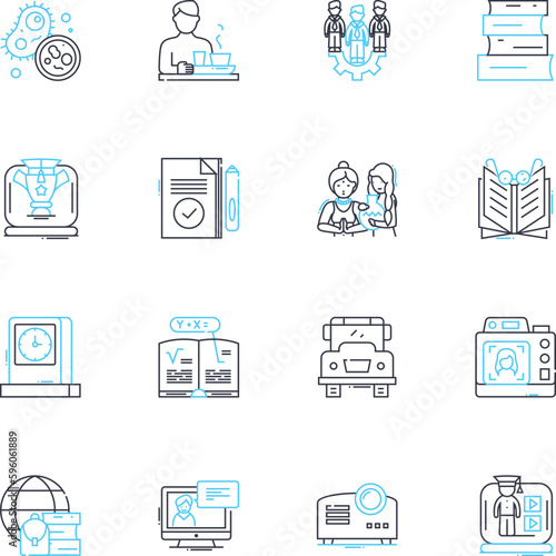 Primary school linear icons set. Education, Learning, Curriculum, Teacher, Classroom, Student, Playground line vector and concept signs. Friends,Socialization,Extracurricular outline illustrations