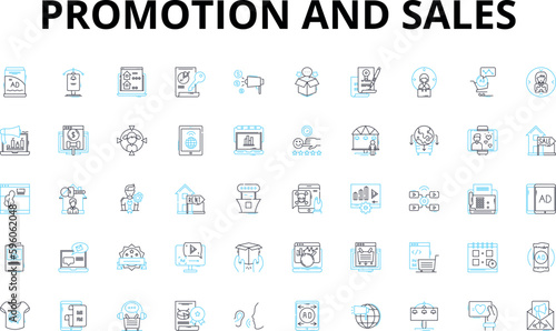 Promotion and sales linear icons set. Discounts, Offers, Coupons, Bundles, Sales, Clearance, Sale vector symbols and line concept signs. Bargain,Event,Flash sale illustration