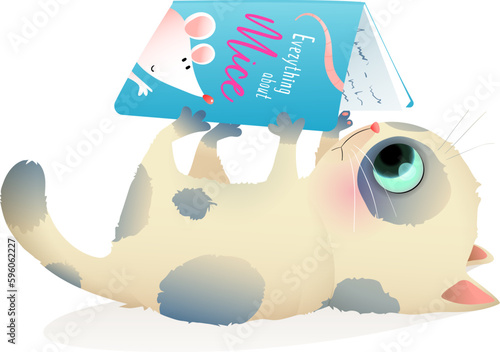 Cute cartoon cat studying and reading a book, for learning and education among children. Animal character for story book. Vector cartoon illustration, isolated clip art for kids.