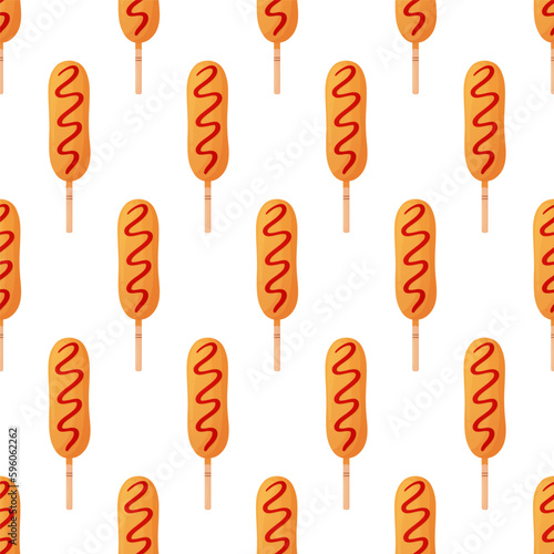 Corn dog with ketchup. Seamless pattern. Sausage in dough on a stick. American or Korean street food. Detailed flat illustration. Fastfood concept. Isolated on a white background.